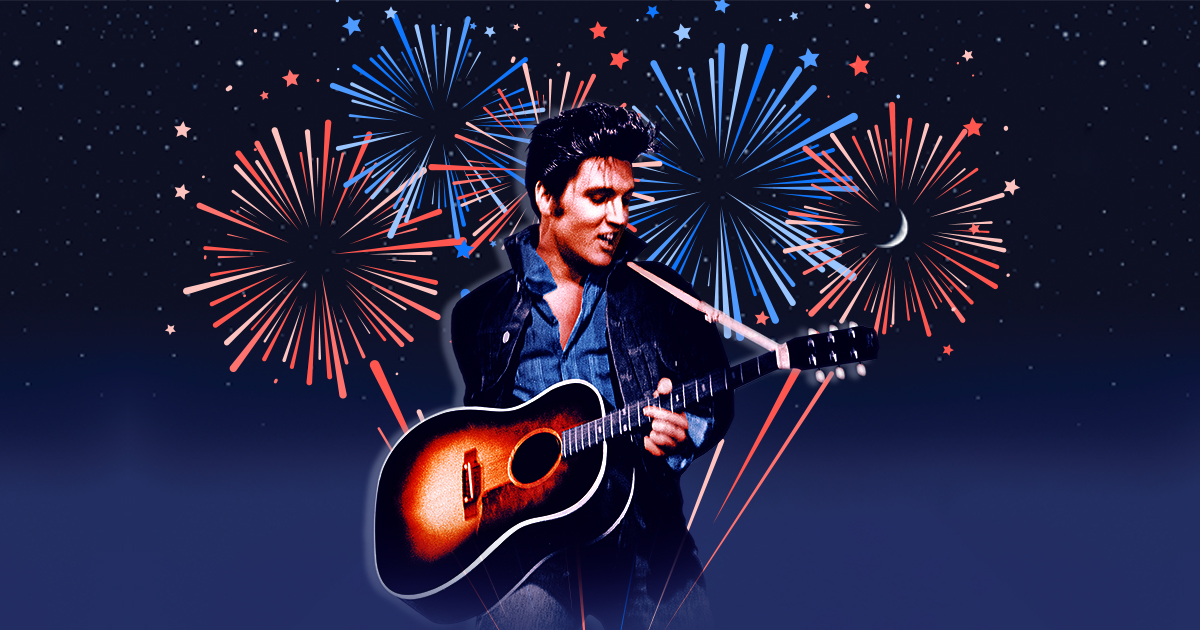 Elvis with guitar in front of fireworks